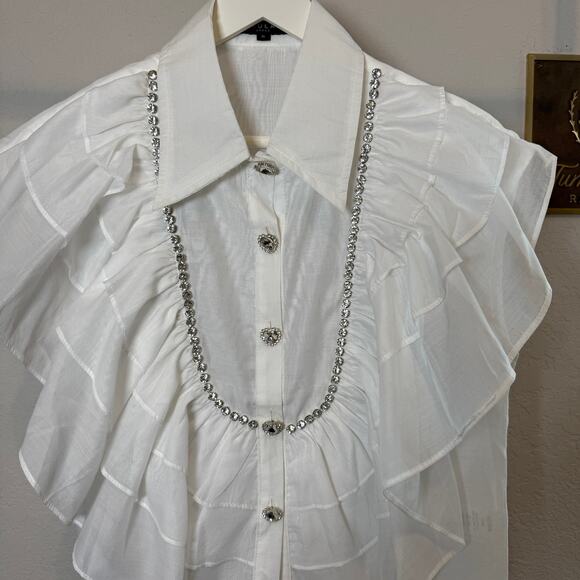 Women's Beulah Style White Short Sleeve Ruffle Rhinestone Blouse Size Small NWOT - Picture 3 of 10